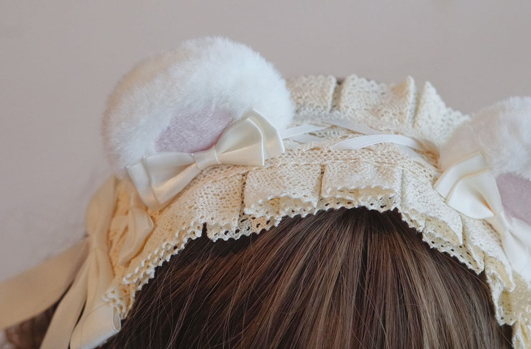 Off-White Bow Lace Bear Ear Headband