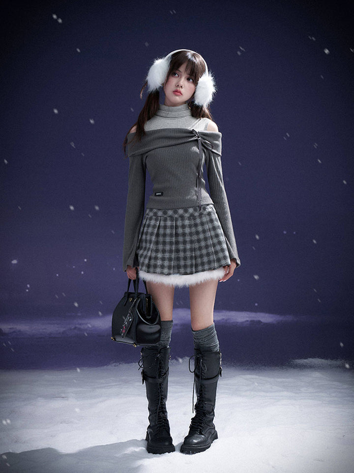 Gray Plaid Fuzzy Trim Pleated Mini Skirt