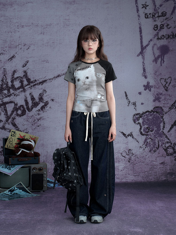 Gray Kitten Graphic Raglan Tee