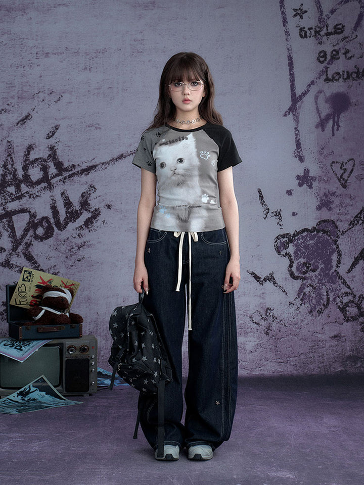 Gray Kitten Graphic Raglan Tee