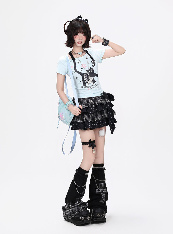 Faux Halter Kawaii Cat Graphic Tee