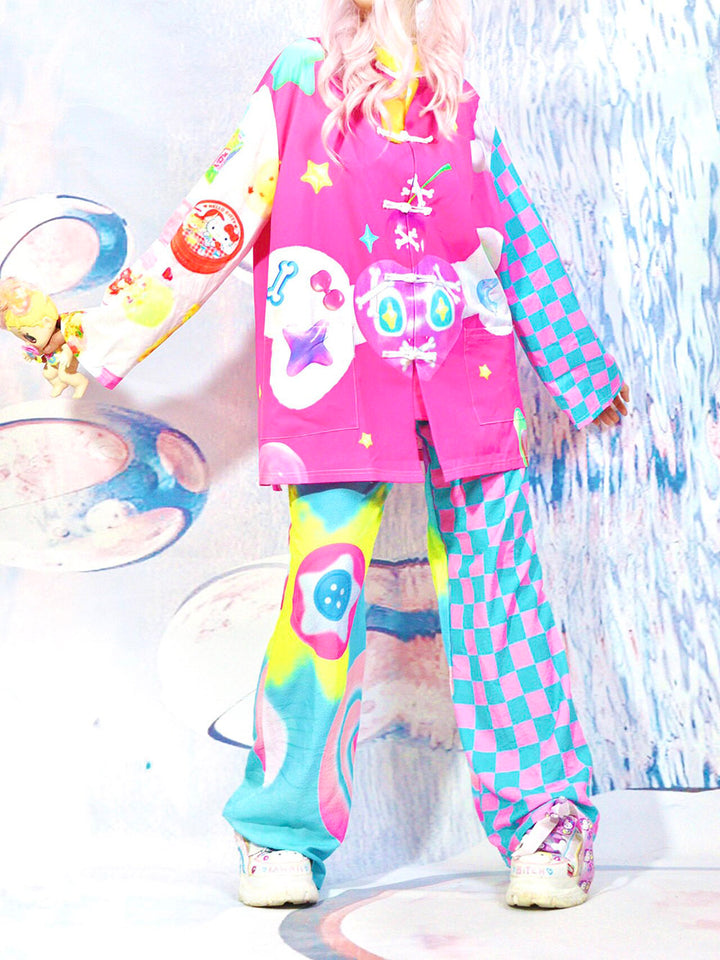Pink Checkerboard Graphic Mandarin Collar Jacket