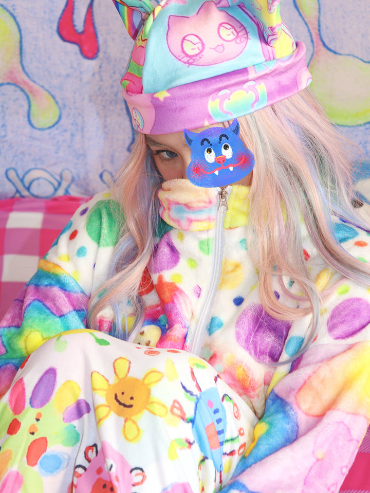 Pastel Star Print Fuzzy Half Zip Pullover