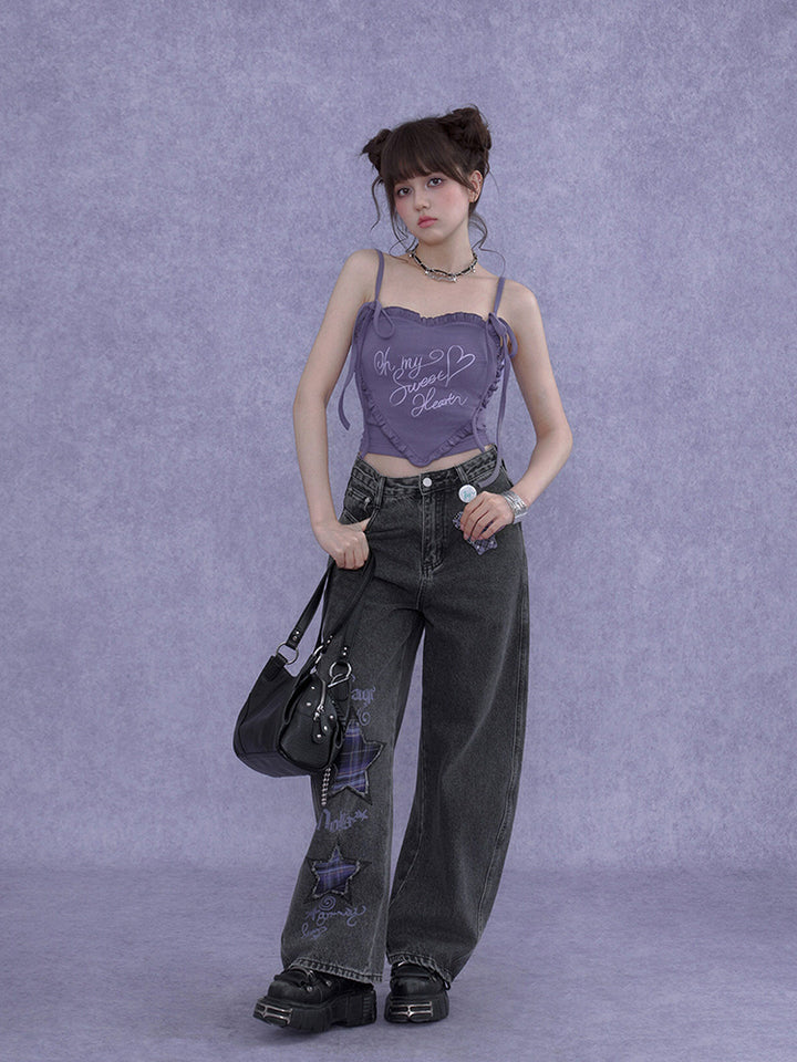 Heart Ruffle Embroidery Lace-Up Cami Top