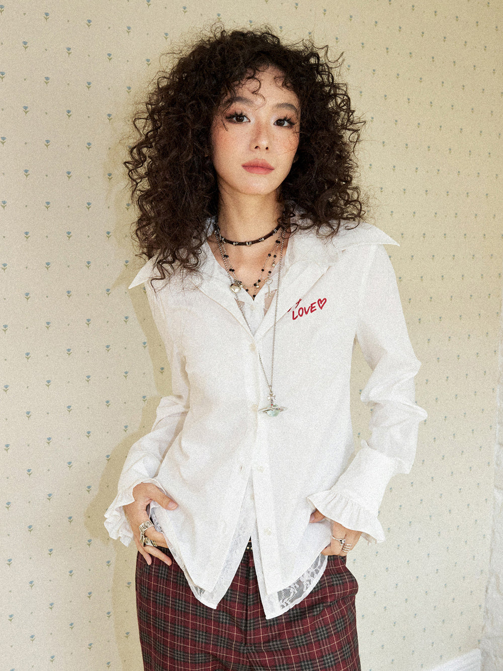 Love Embroidery Ruffle Cuff Button Blouse