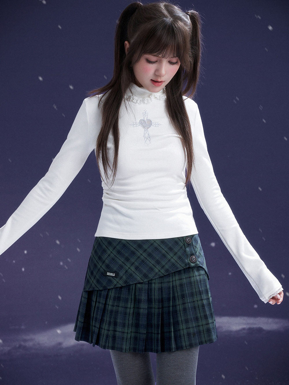 Dark Green Plaid Button Pleated Mini Skirt