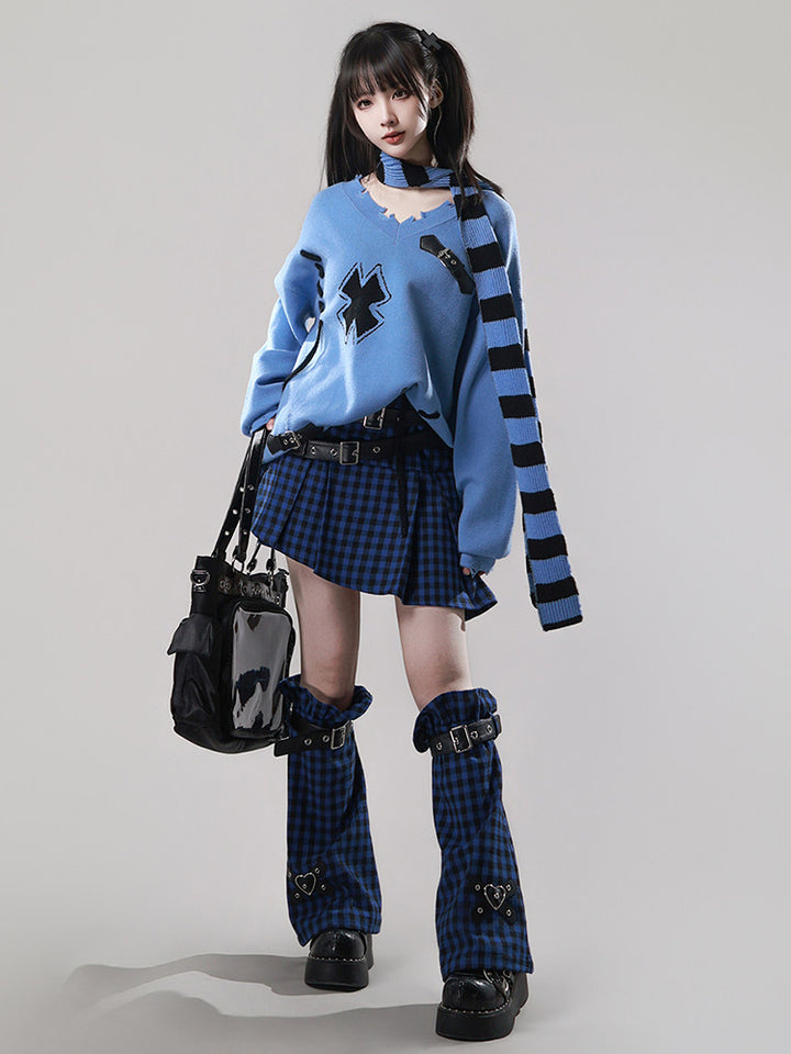 Punk Blue Plaid Belted Skirt