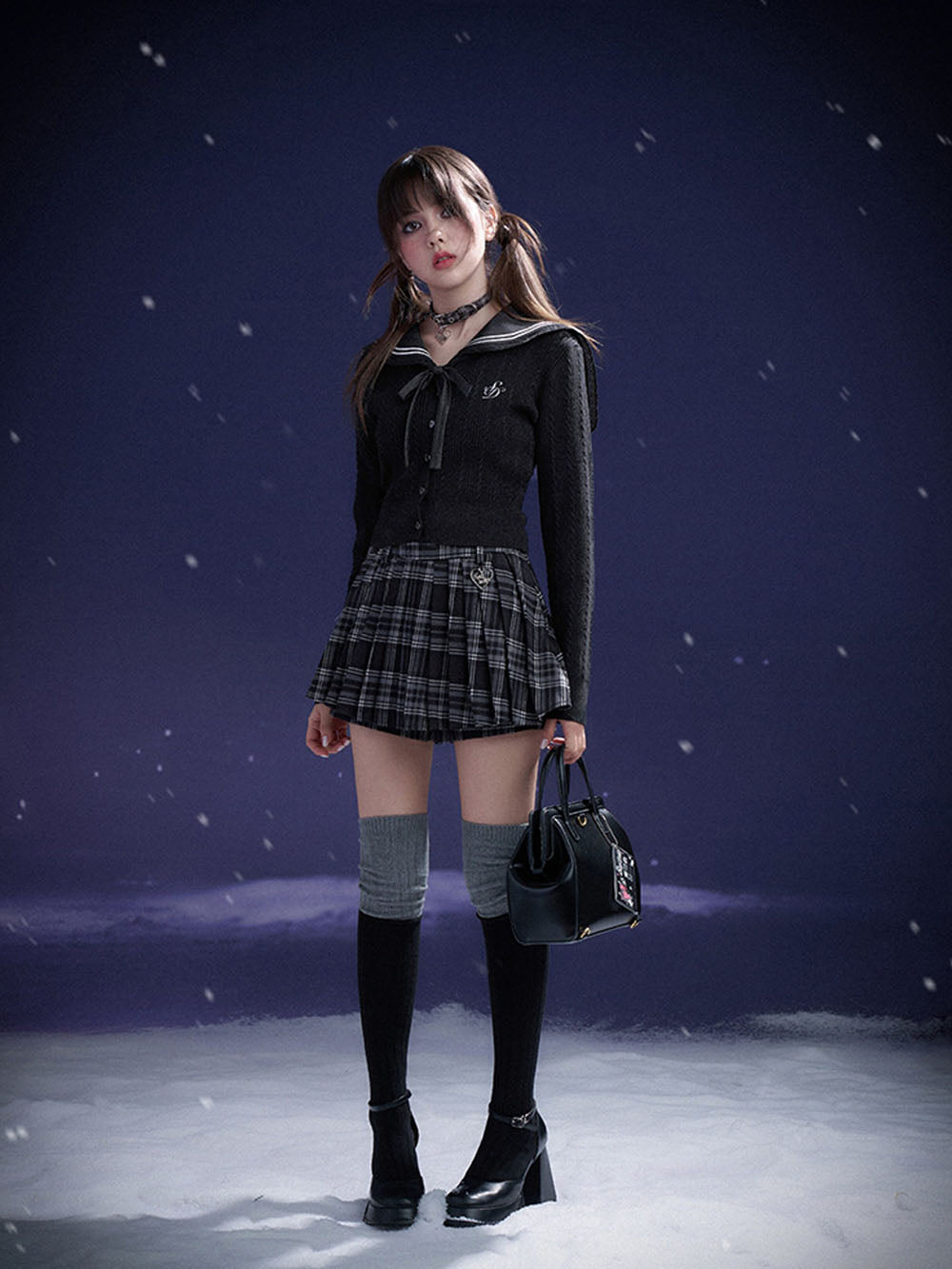 Black Plaid Heart Charm Pleated Skort