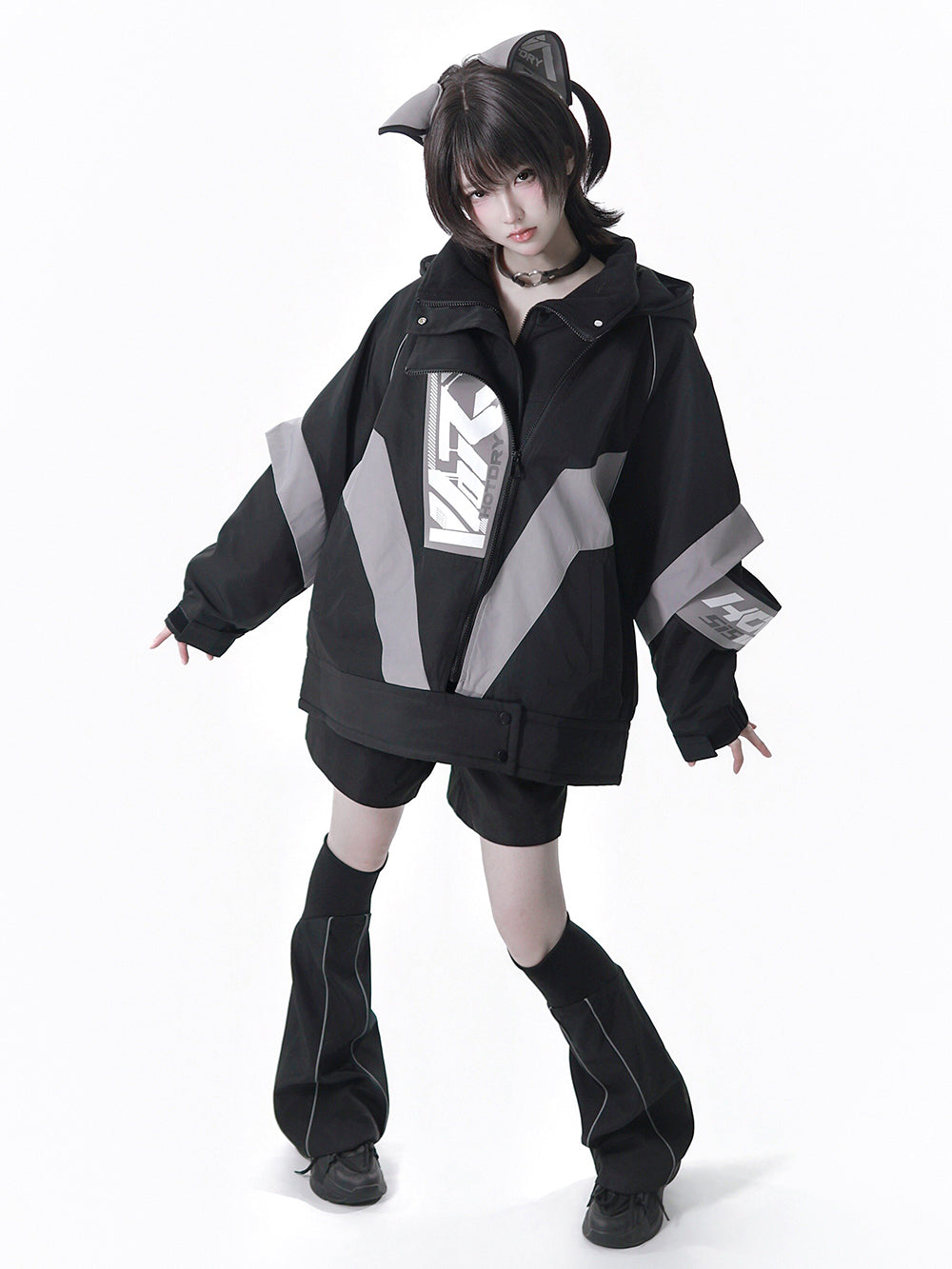 Apocalypse Techwear Cyber Y2K Cat Ear Jacket Shorts Leg Warmers Headband