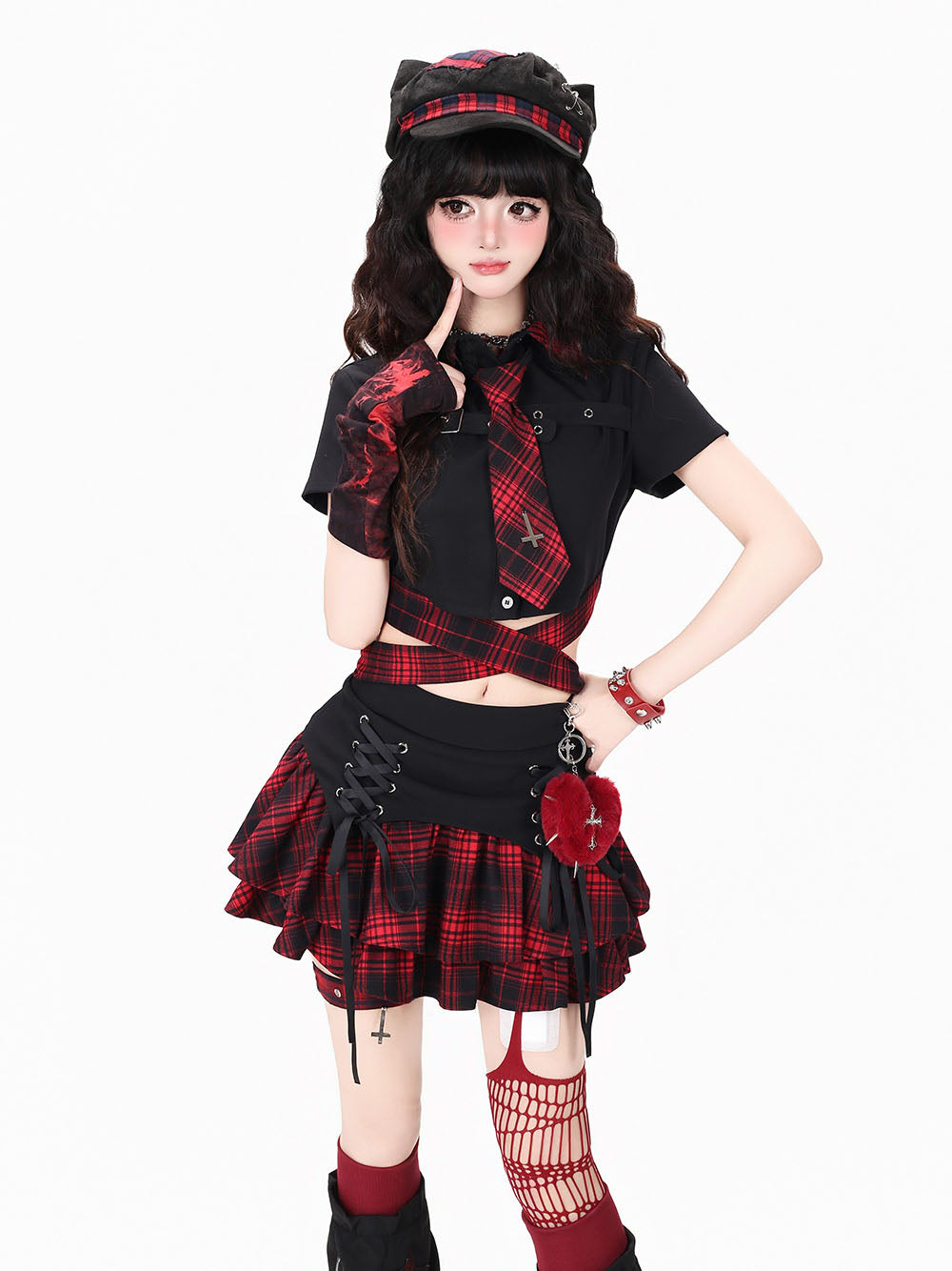 Plaid Tie Crop Top Ruffle Skirt
