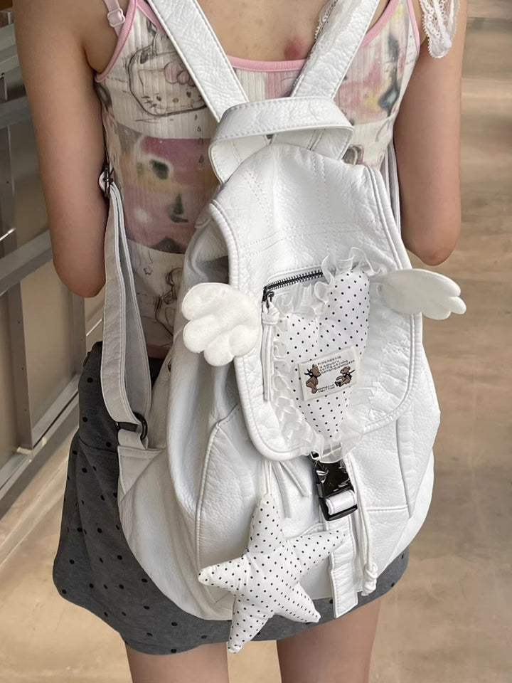 White Leather Heart Angel Wings Backpack