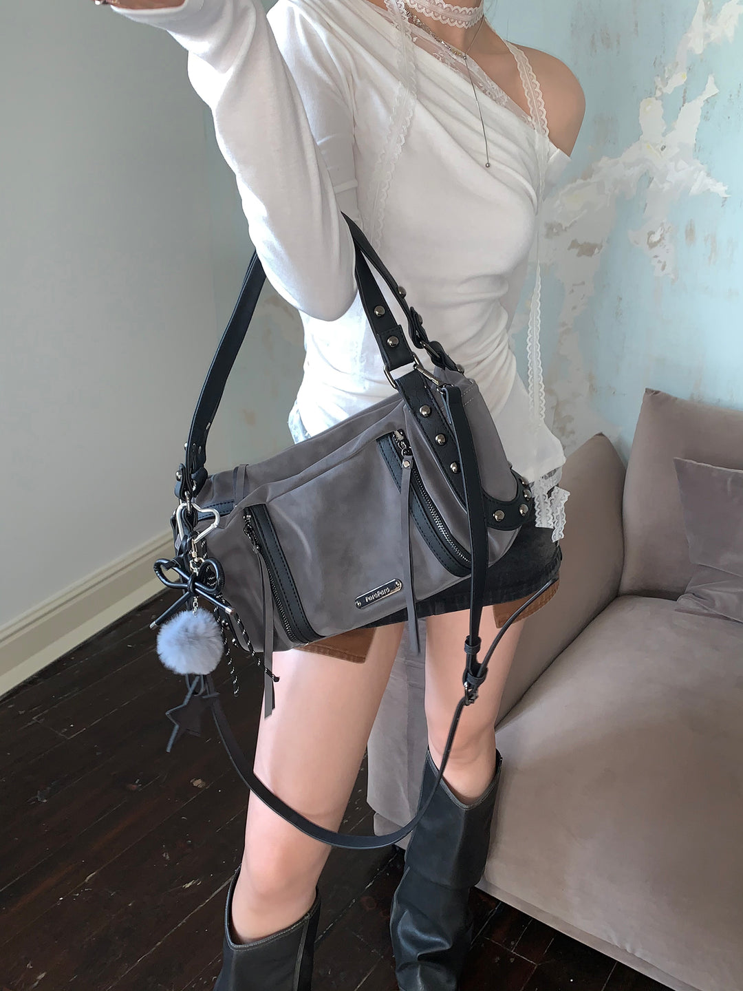 Chic Crinkled Leather Crossbody Bag with Metallic Studs