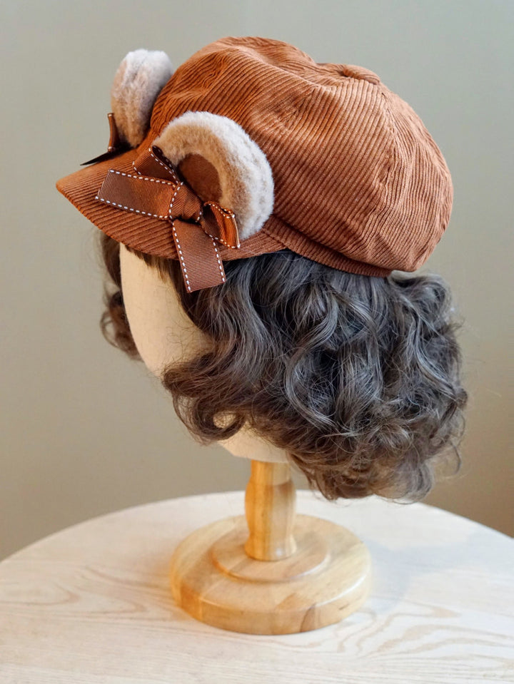 Velvet Bear Ear Corduroy Newsboy Cap with Bow