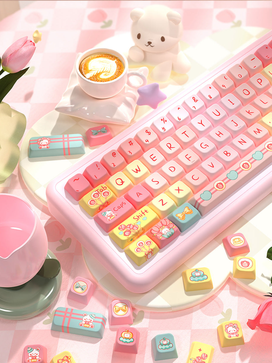 Cartoon Tulip Bear Keycaps Set for Mechanical Keyboards