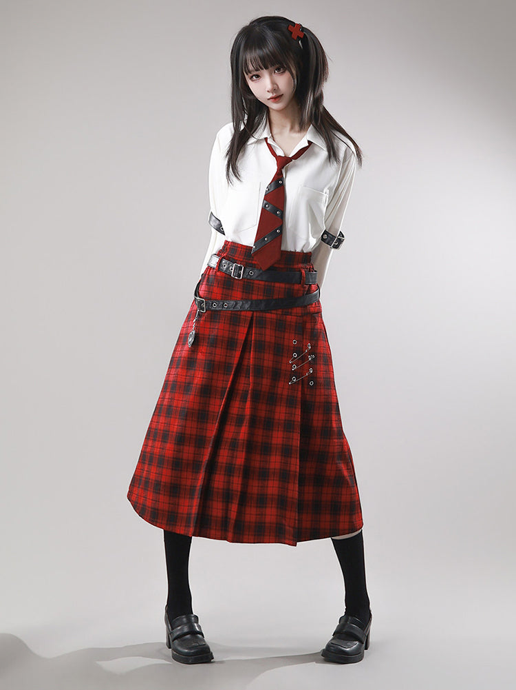 Gothic Red Plaid Double Belt Skirt