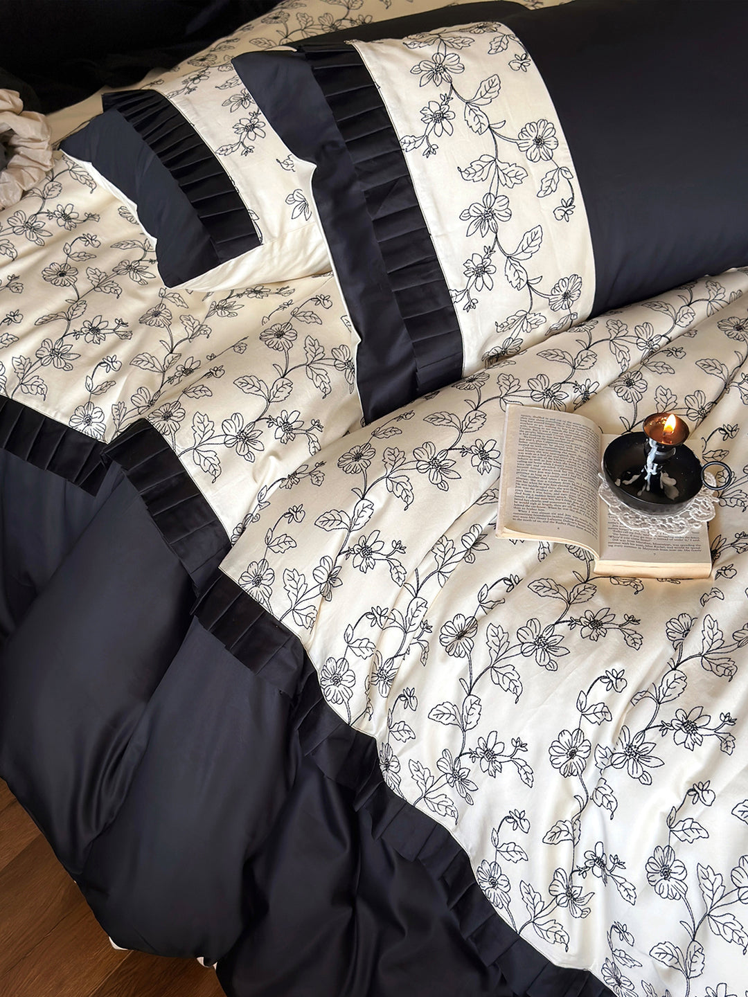 Vintage Floral Embroidery Black White Cotton Duvet Cover
