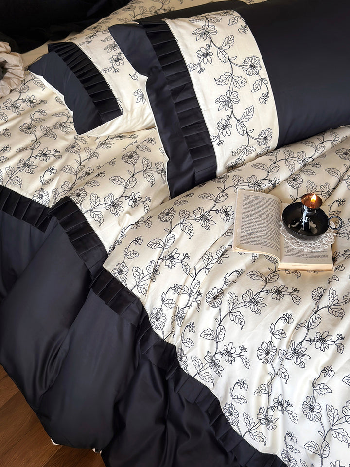 Vintage Floral Embroidery Black White Cotton Duvet Cover