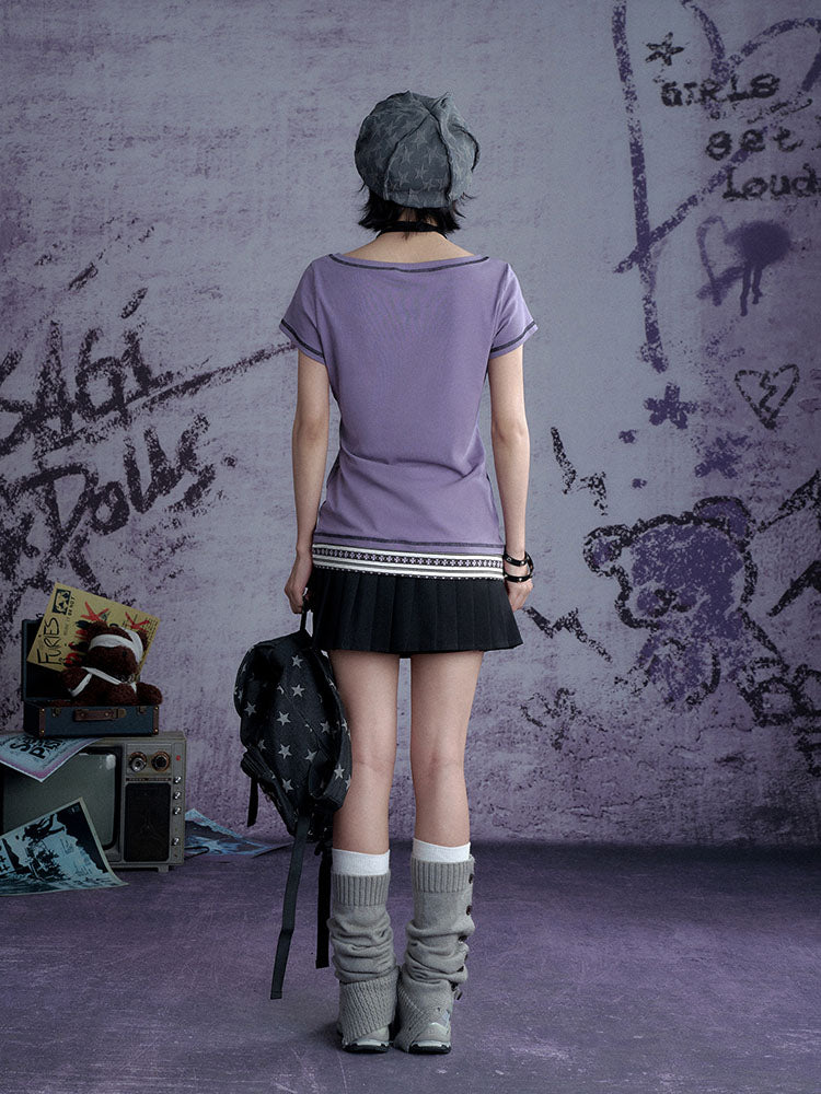 Whimsical Purple Henley Graphic Tops