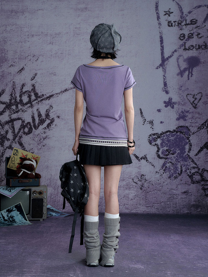 Whimsical Purple Henley Graphic Tops