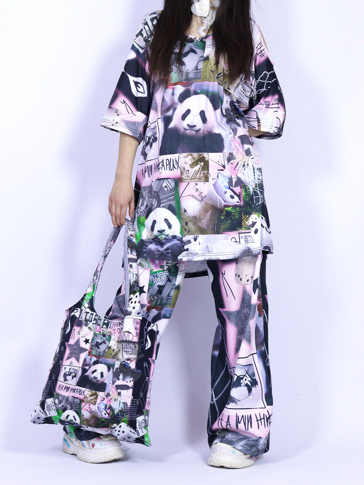 Black Pink Panda Graphic Wide Leg Pants