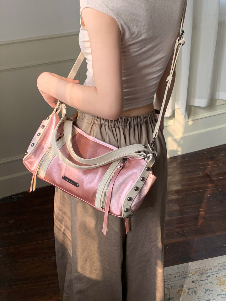 Chic Crinkled Leather Crossbody Bag with Metallic Studs