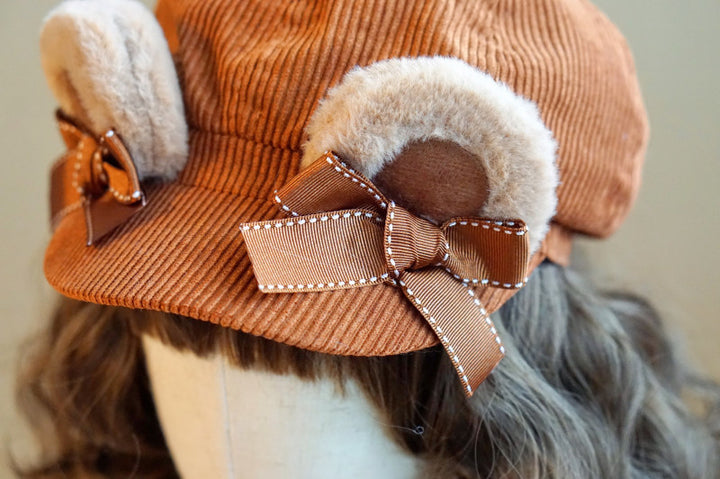Velvet Bear Ear Corduroy Newsboy Cap with Bow