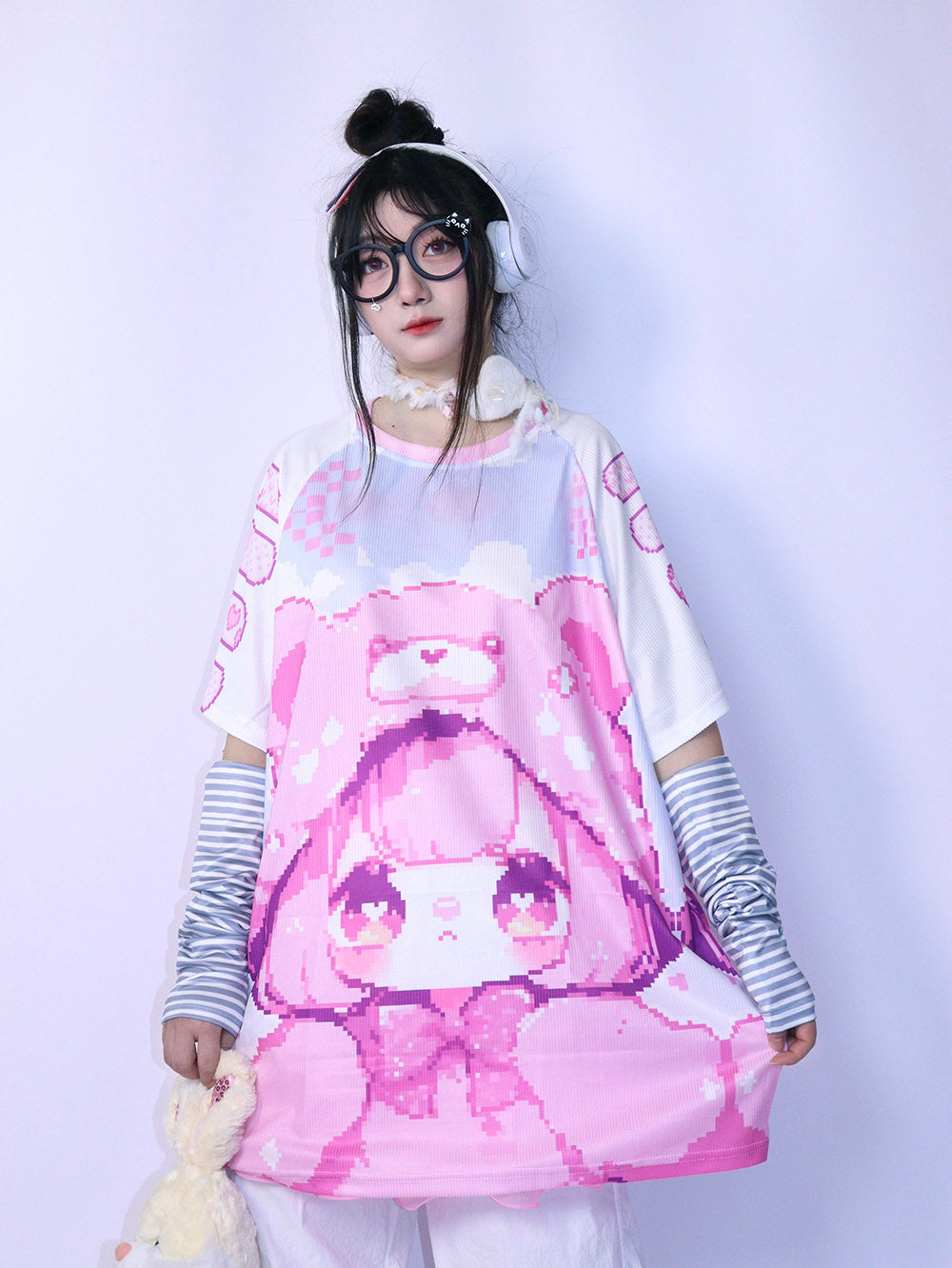 Pink Pixel Bear Girl Oversized T-Shirt