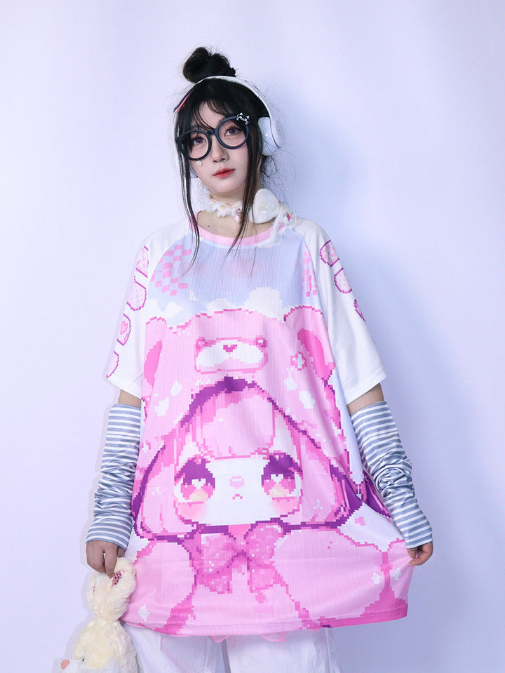 Pink Pixel Bear Girl Oversized T-Shirt