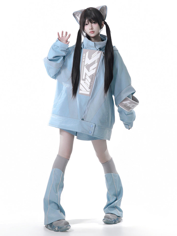 Apocalypse Techwear Cyber Y2K Cat Ear Jacket Shorts Leg Warmers Headband