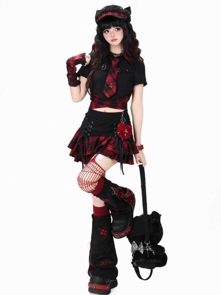 Plaid Tie Crop Top Ruffle Skirt