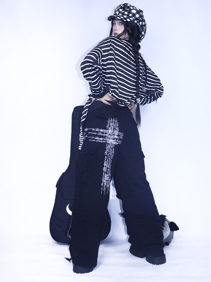 Black Gothic Cat Cross Cargo Pants