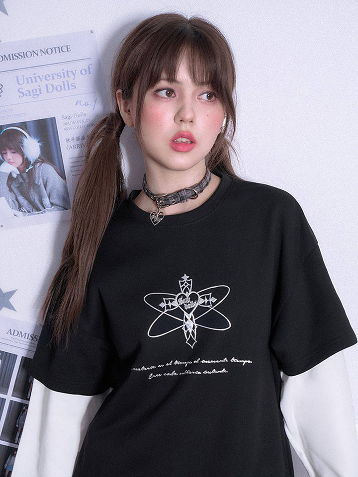 Black White Faux Two Piece Long Sleeve Casual Sweatshirt