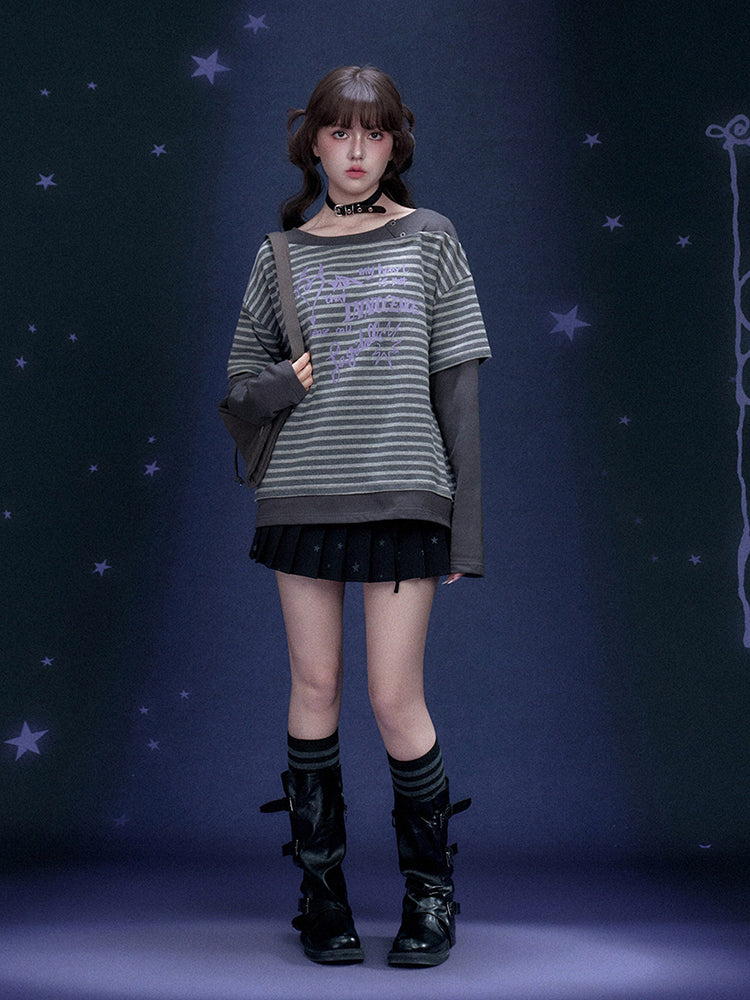 Street Striped Graffiti Print Faux Two Piece Top