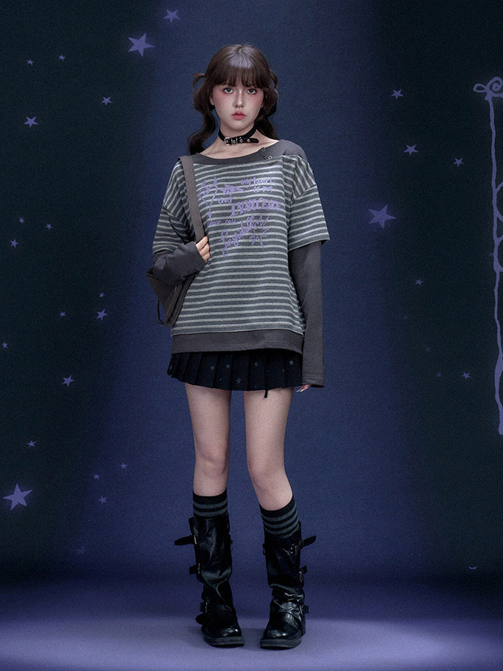 Street Striped Graffiti Print Faux Two Piece Top