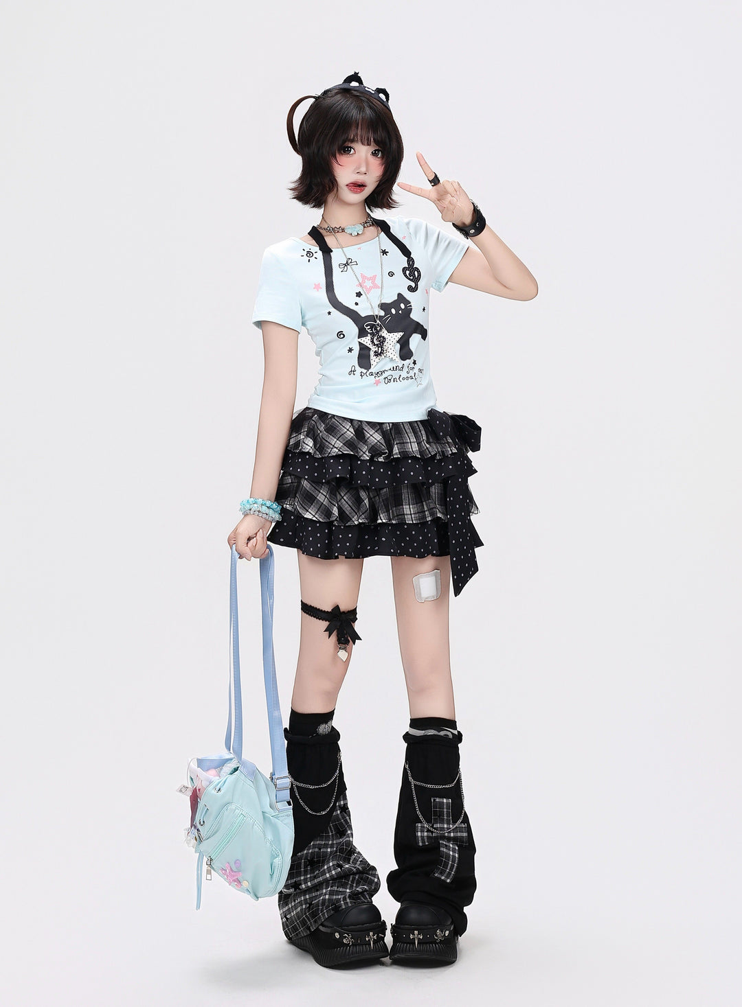 Faux Halter Kawaii Cat Graphic Tee