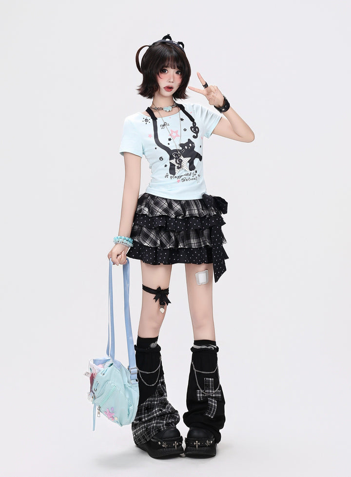 Faux Halter Kawaii Cat Graphic Tee
