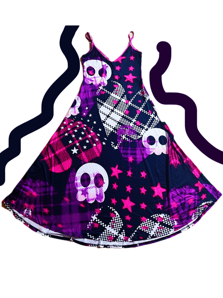 Black Pink Skull Plaid Gothic Maxi Dress
