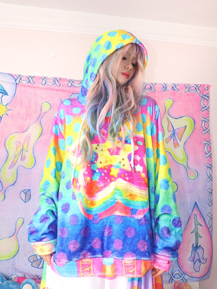 Rainbow Polka Dot Star Fuzzy Hoodie
