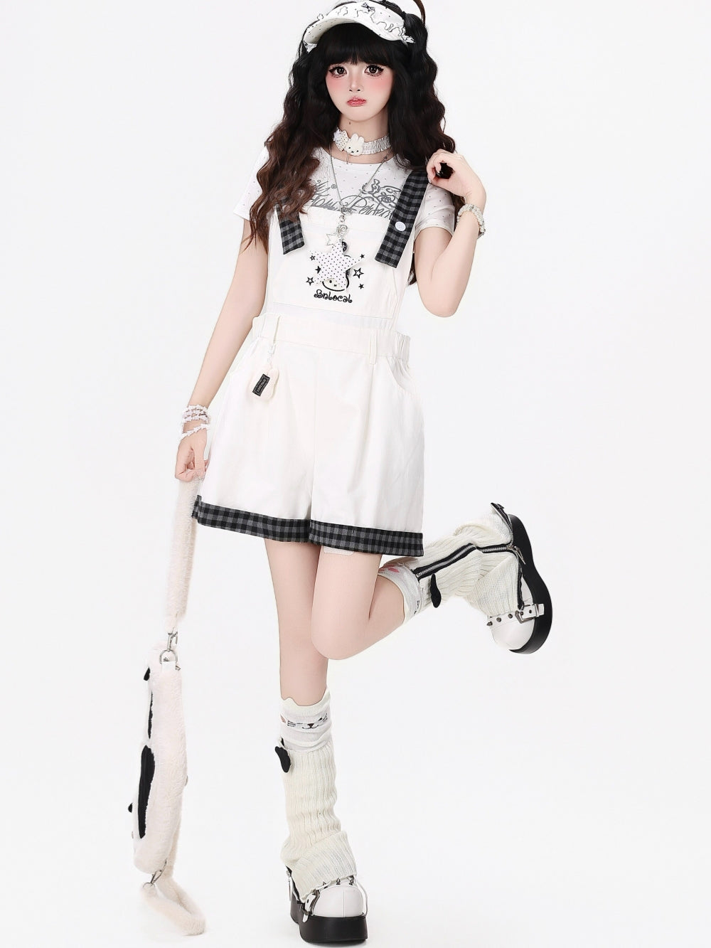 Bunny Plaid Trim Suspender Shorts