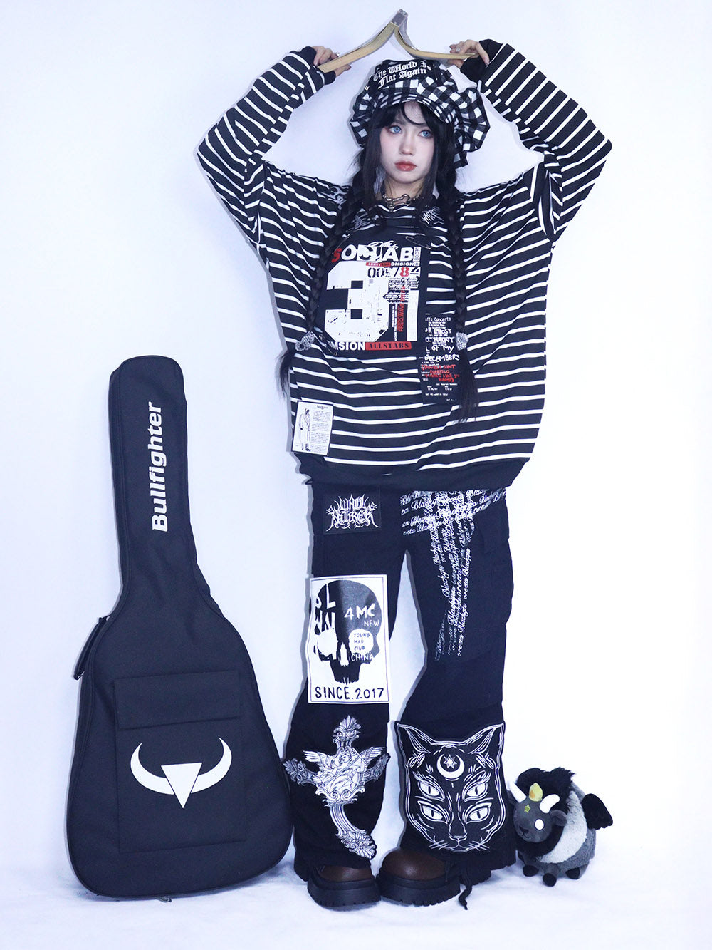 Black Striped Graphic Oversized Long Sleeve T Shirt
