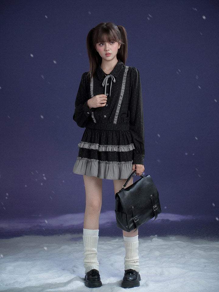 Dark Gray Polka Dot Ruffle Preppy Shirt Dress
