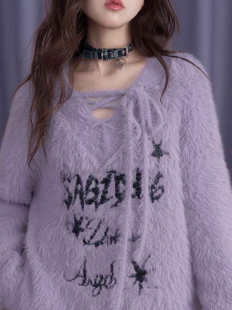 Purple V-Neck Decorative Tie Faux Mink Loose Sweater