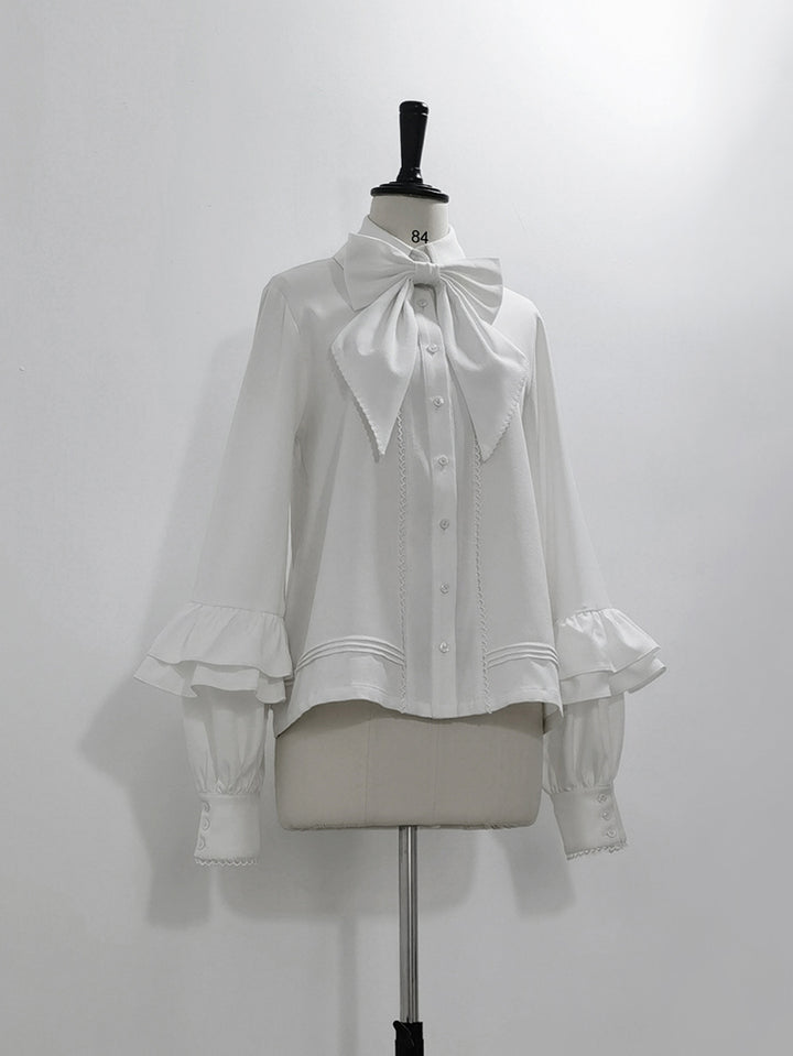 Elegant White Bow Blouse with Ruffle Sleeves