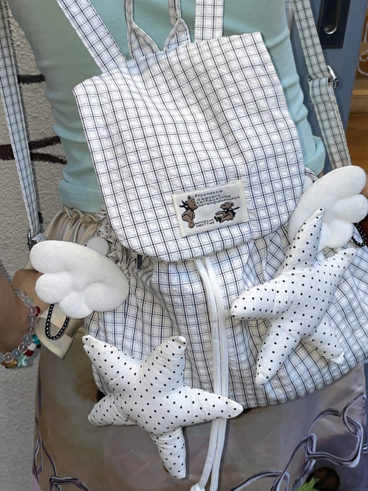 Angel Wings & Polka Dot Stars Grid Drawstring Backpack