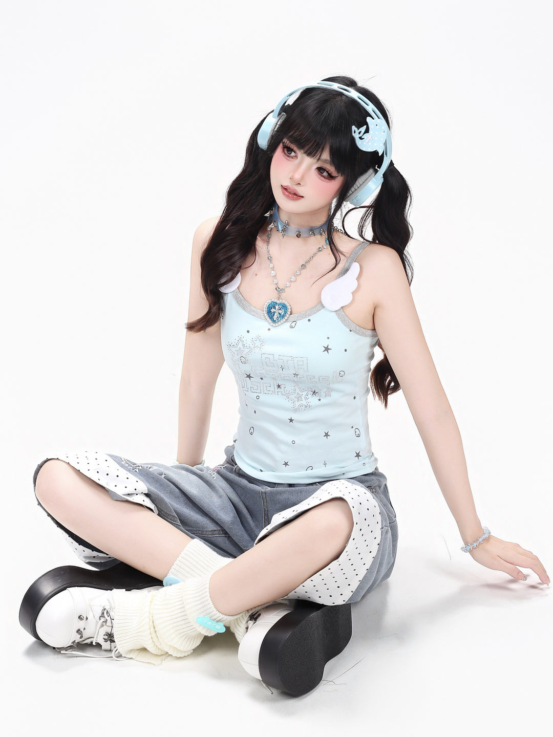 Kawaii Doodle Embroidered Cropped Wide Leg Jeans