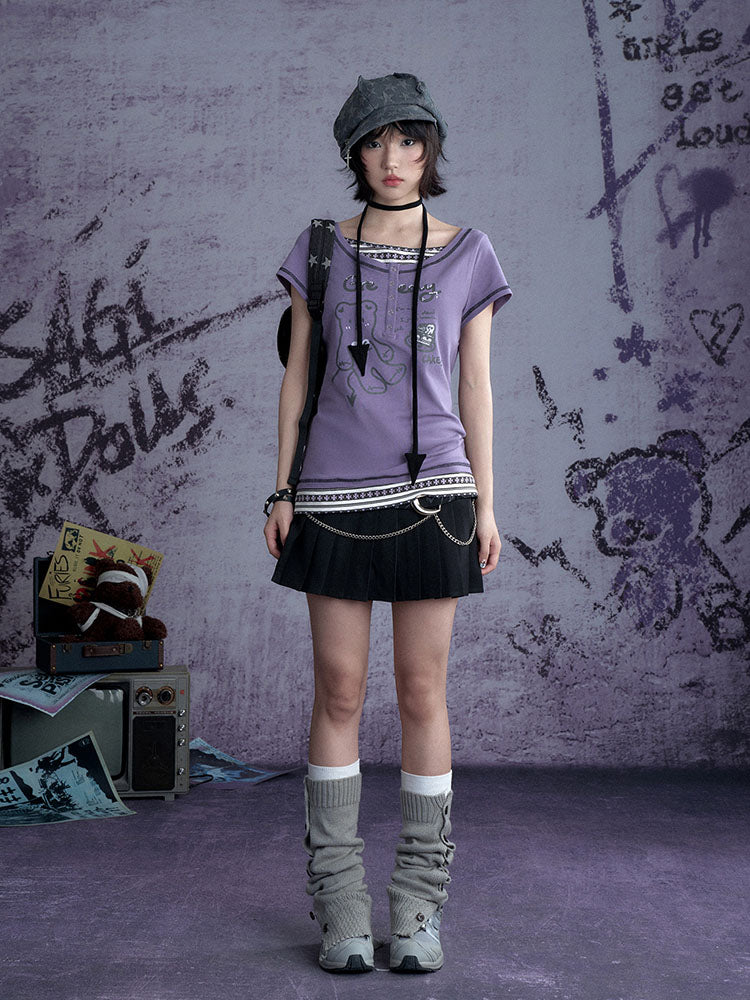 Whimsical Purple Henley Graphic Tops