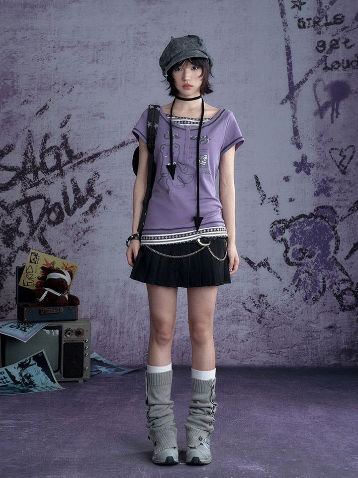 Whimsical Purple Henley Graphic Tops