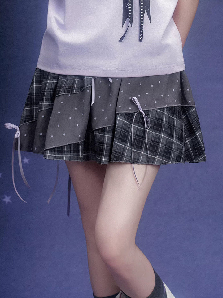 Gray Plaid Polka Dot Bow Mini Skirt