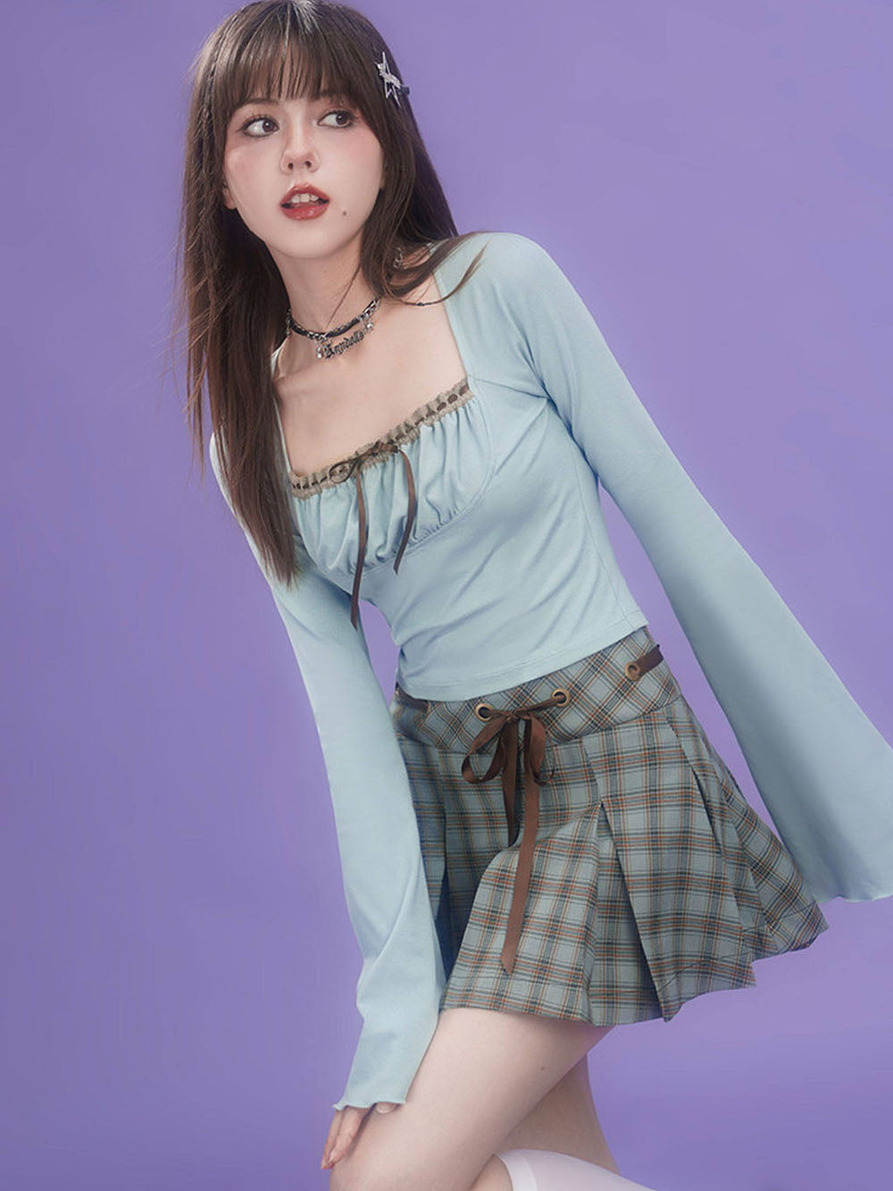 Blue Plaid Ribbon Tie Pleated Mini Skirt
