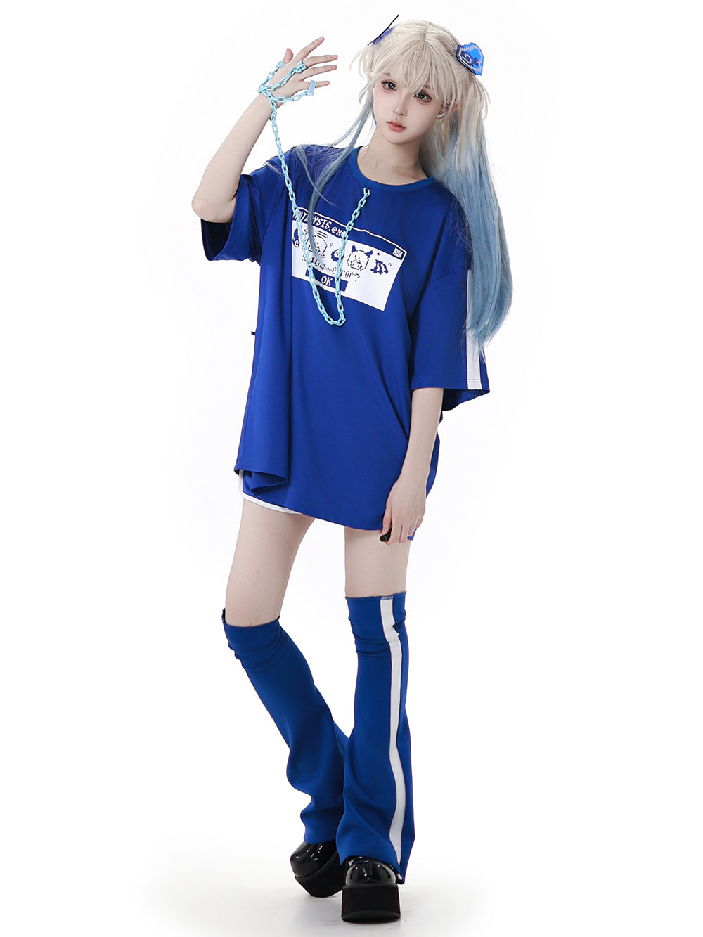 Cyber Y2K Pixel Tee Shorts Leg Warmers Hair Clip
